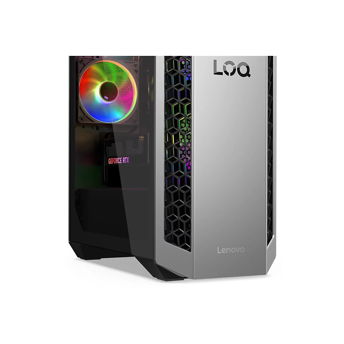 Ein grauer PC-Tower mit Glasfenster, das einen farbigen Lüfter zeigt. Auf der Front steht Lenovo und LOQ.