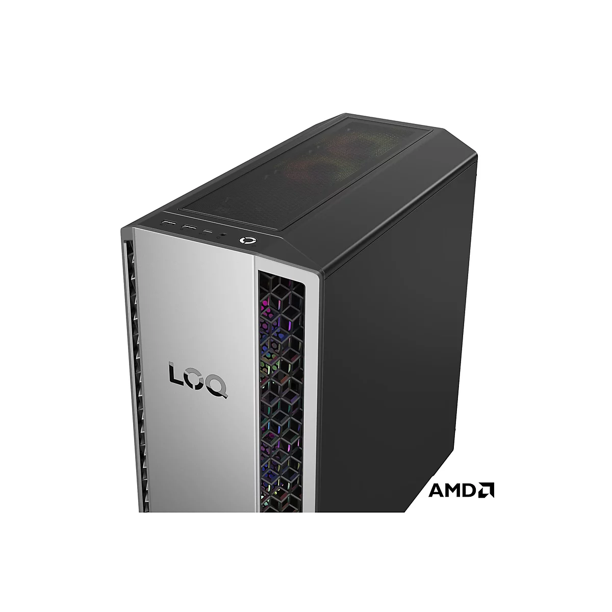 Ein PC-Gehäuse in Schwarz und Silber mit einem AMD-Logo und dem LQ-Logo. Die Front hat ein wabenförmiges Muster, das farbig beleuchtet ist.