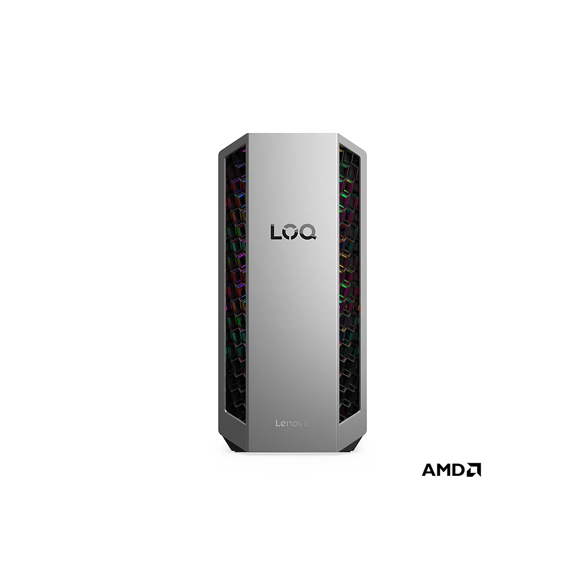 Grauer PC-Tower von Lenovo mit LED-Beleuchtung an den Seiten und Logo. Unten rechts das AMD-Logo.