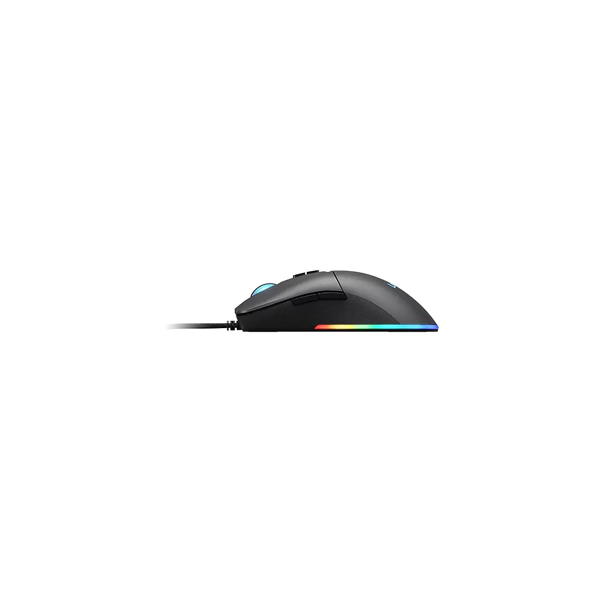 Schwarze Gaming-Maus in Seitenansicht mit leuchtendem RGB-Streifen und Kabel vor weißem Hintergrund.