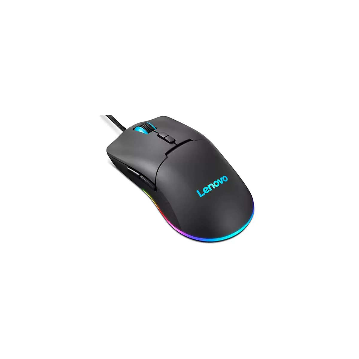 Schwarze, ergonomische Lenovo Gaming-Maus mit leuchtendem blauem Logo und RGB-Beleuchtung am unteren Rand.
