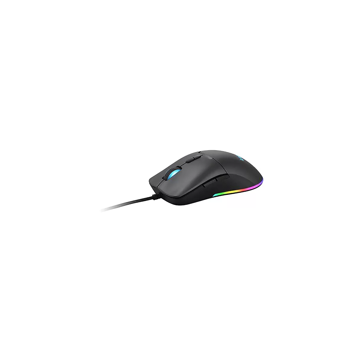Schwarze Gaming-Maus mit RGB-Beleuchtung und Kabel vor weißem Hintergrund.