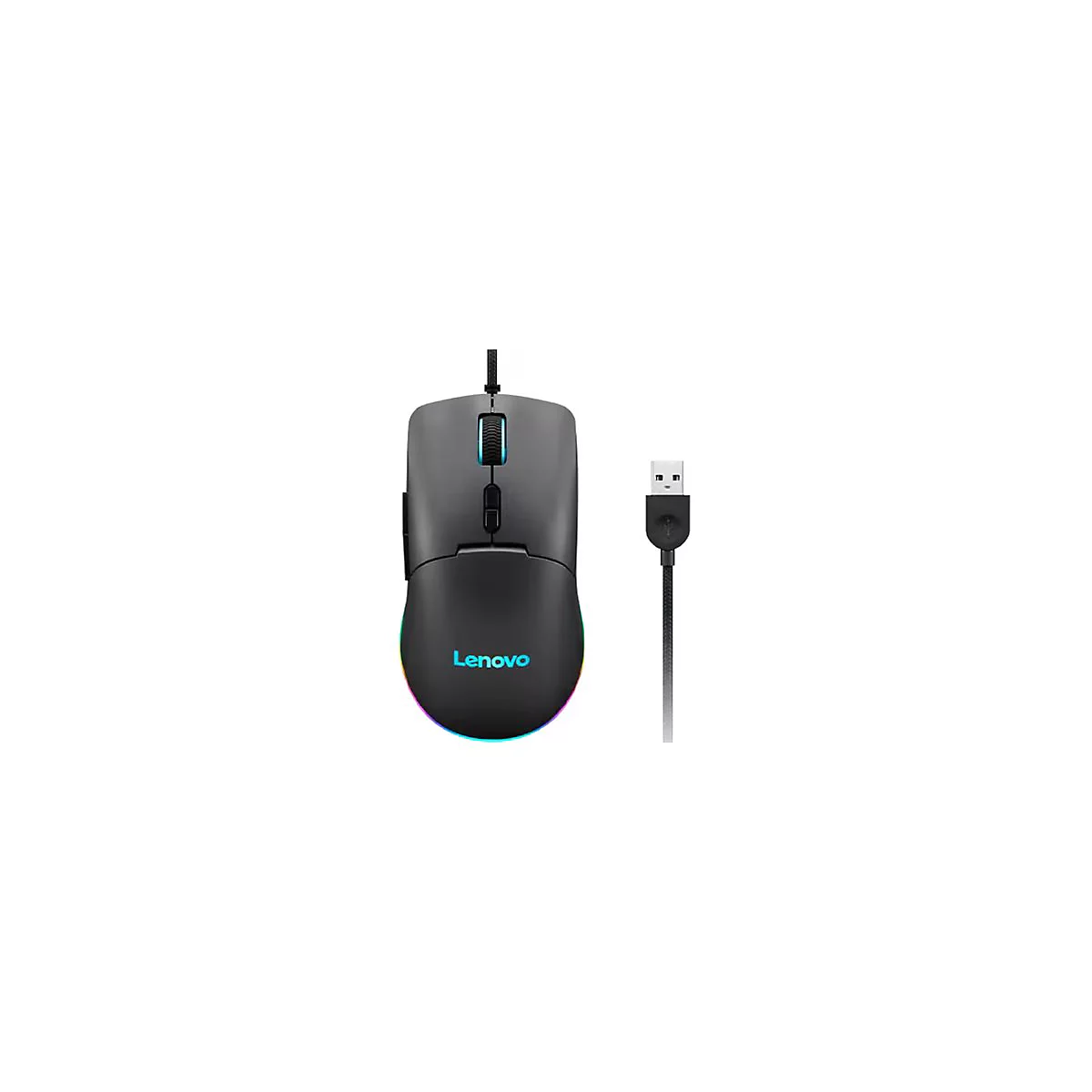 Schwarze Lenovo Gaming-Maus mit RGB-Beleuchtung und USB-Kabel vor weißem Hintergrund.