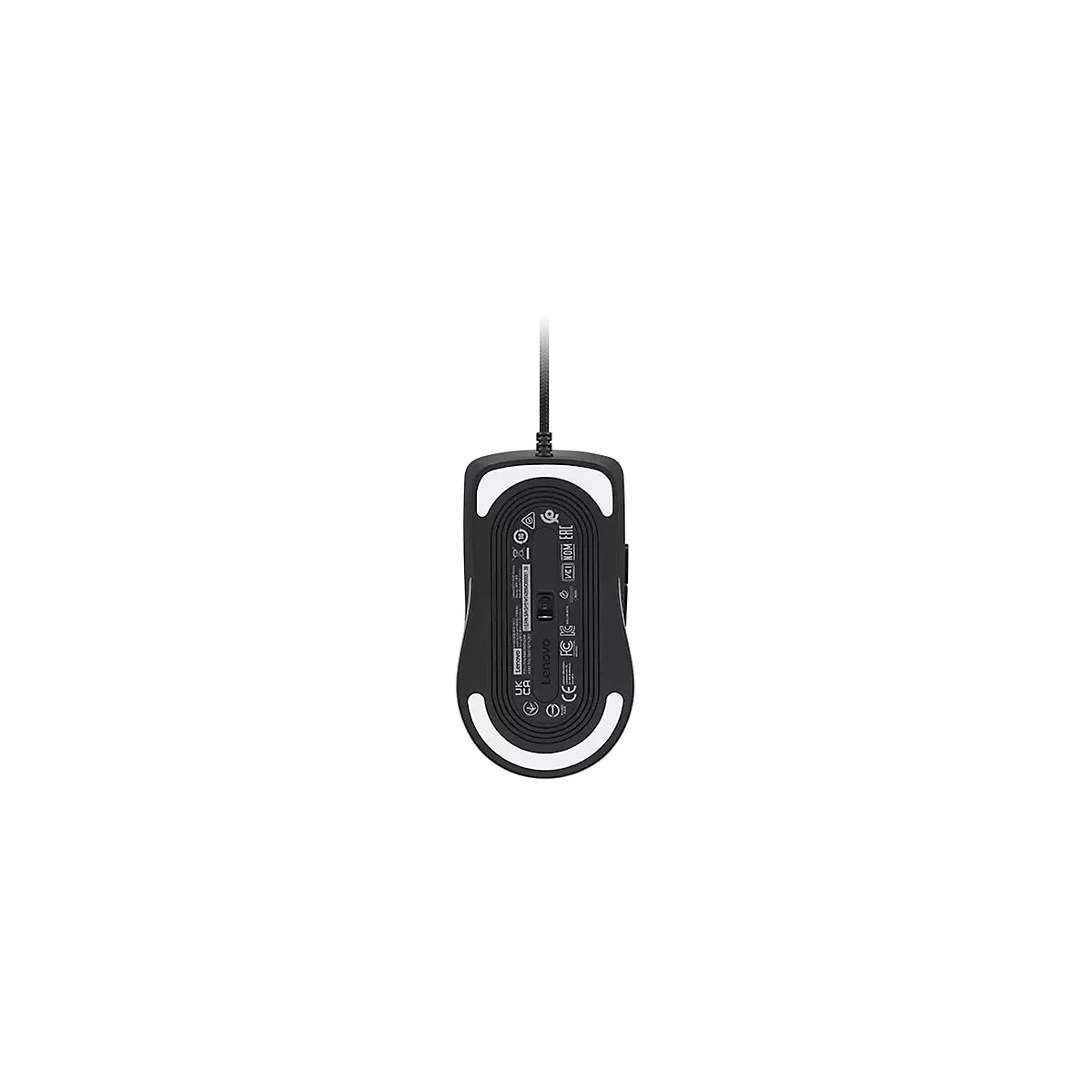 Unterseite einer schwarzen Lenovo Computermaus mit Sensor und Gleitfüßen auf weißem Hintergrund.