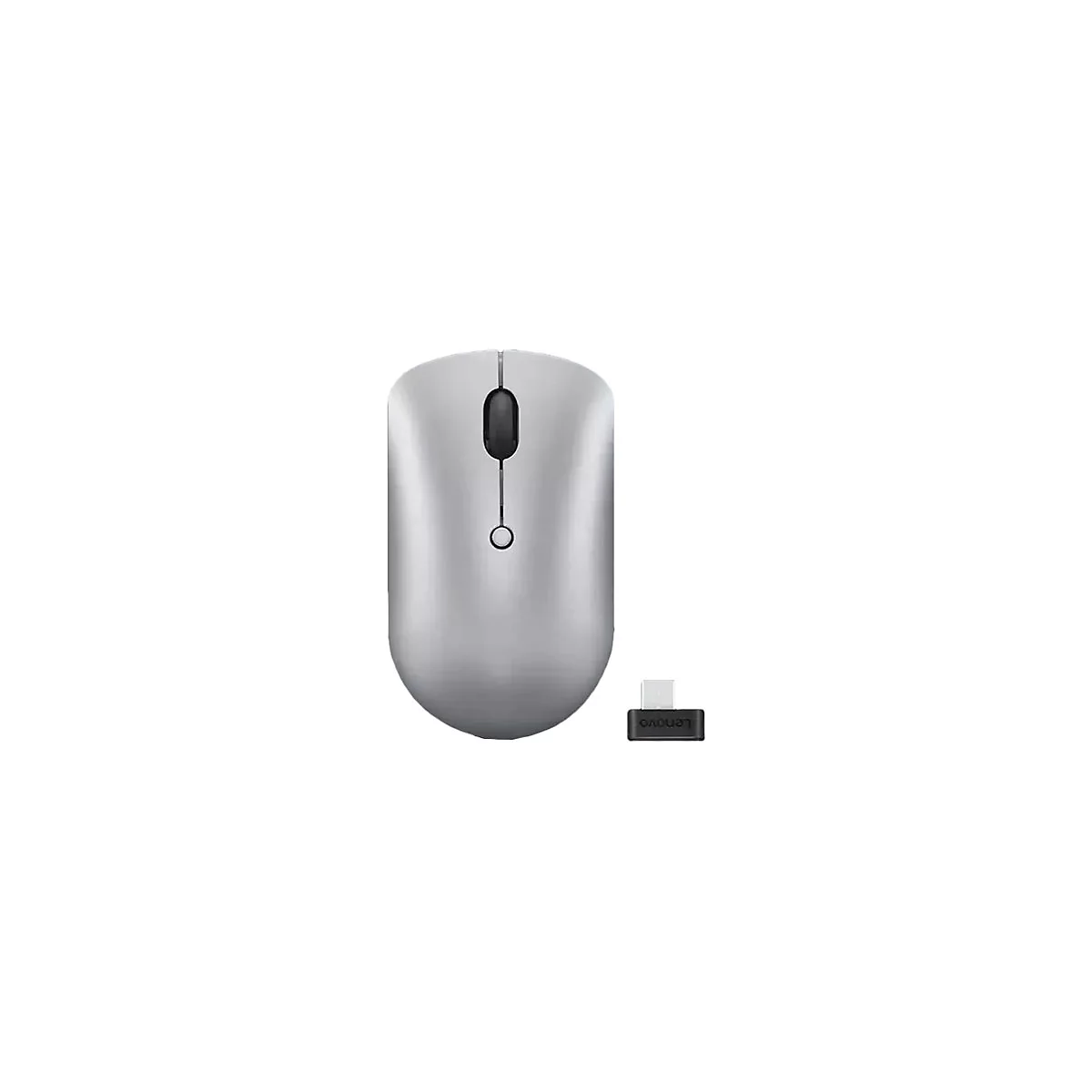 Eine silberne, kabellose Lenovo Maus mit schwarzem Scrollrad und passendem USB-Empfänger auf weißem Grund.