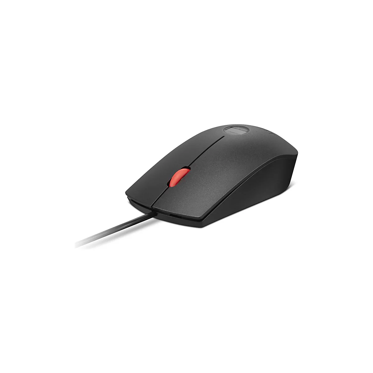 Schwarze Computermaus mit rotem Scrollrad und Kabel, vor weißem Hintergrund.