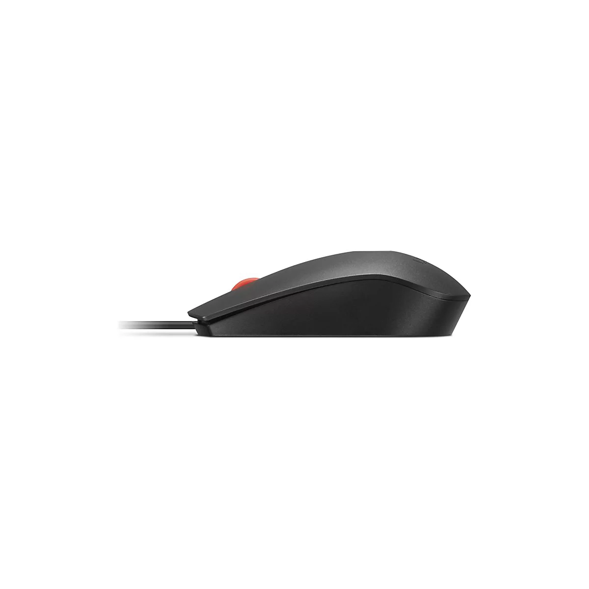 Schwarze Computermaus, seitlich abgebildet. Mit rotem Scrollrad und Kabel. Auf weißem Hintergrund.