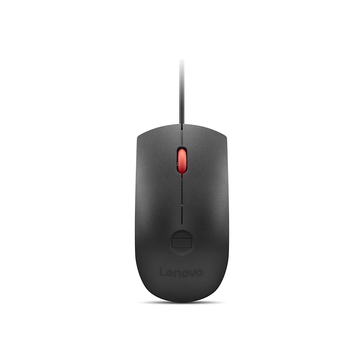 Schwarze Lenovo Maus. Rotes Mausrad. Kabelanschluss oben.