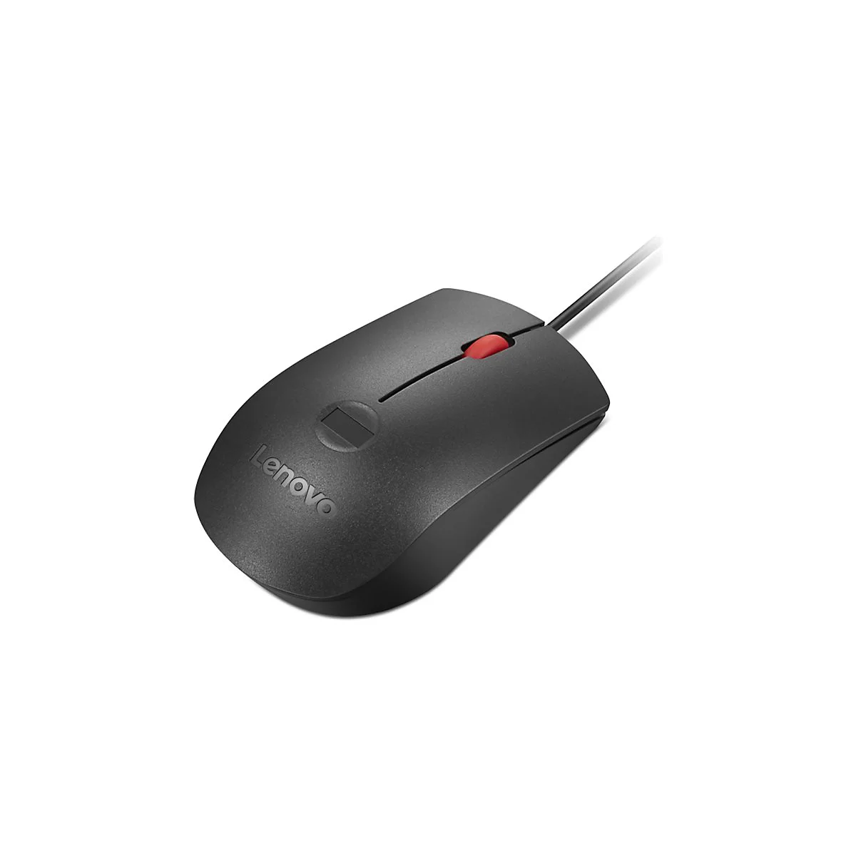 Schwarze Lenovo-Maus mit rotem Scrollrad auf weißem Hintergrund.