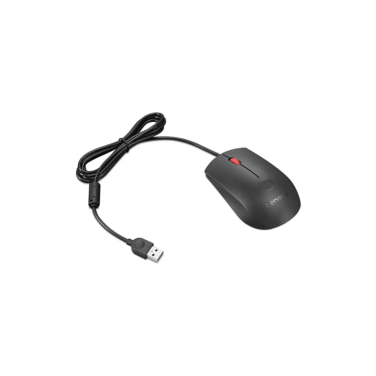 Schwarze Lenovo Maus mit roter Taste, Kabel mit USB-Stecker.