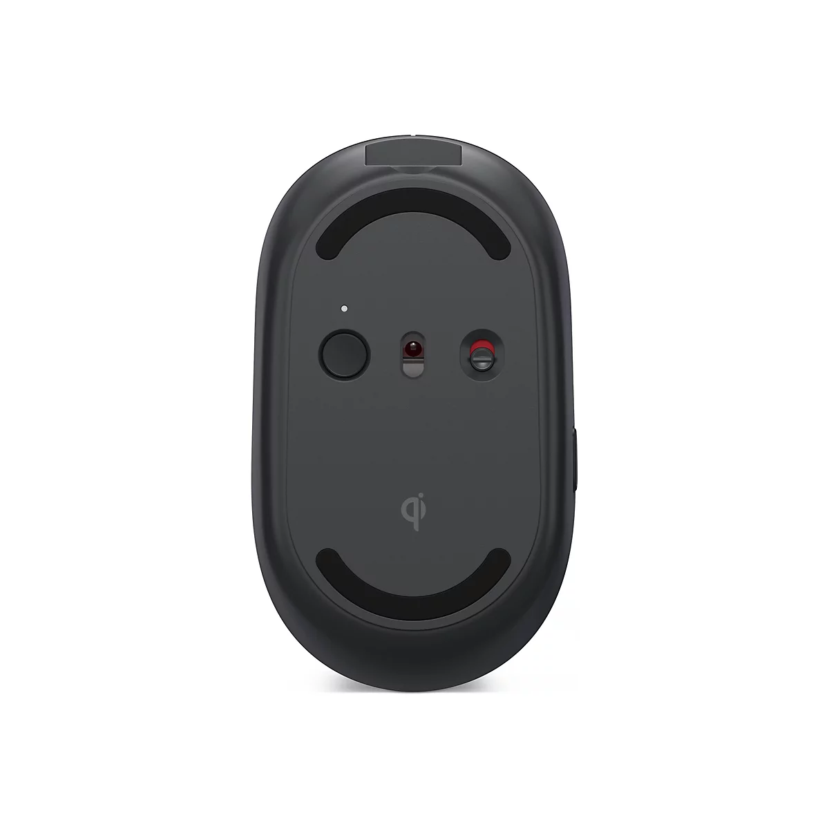 Vue de dessus d'une souris sans fil. Le bas comporte un bouton, un capteur, un commutateur et un logo Qi pour la recharge sans fil.