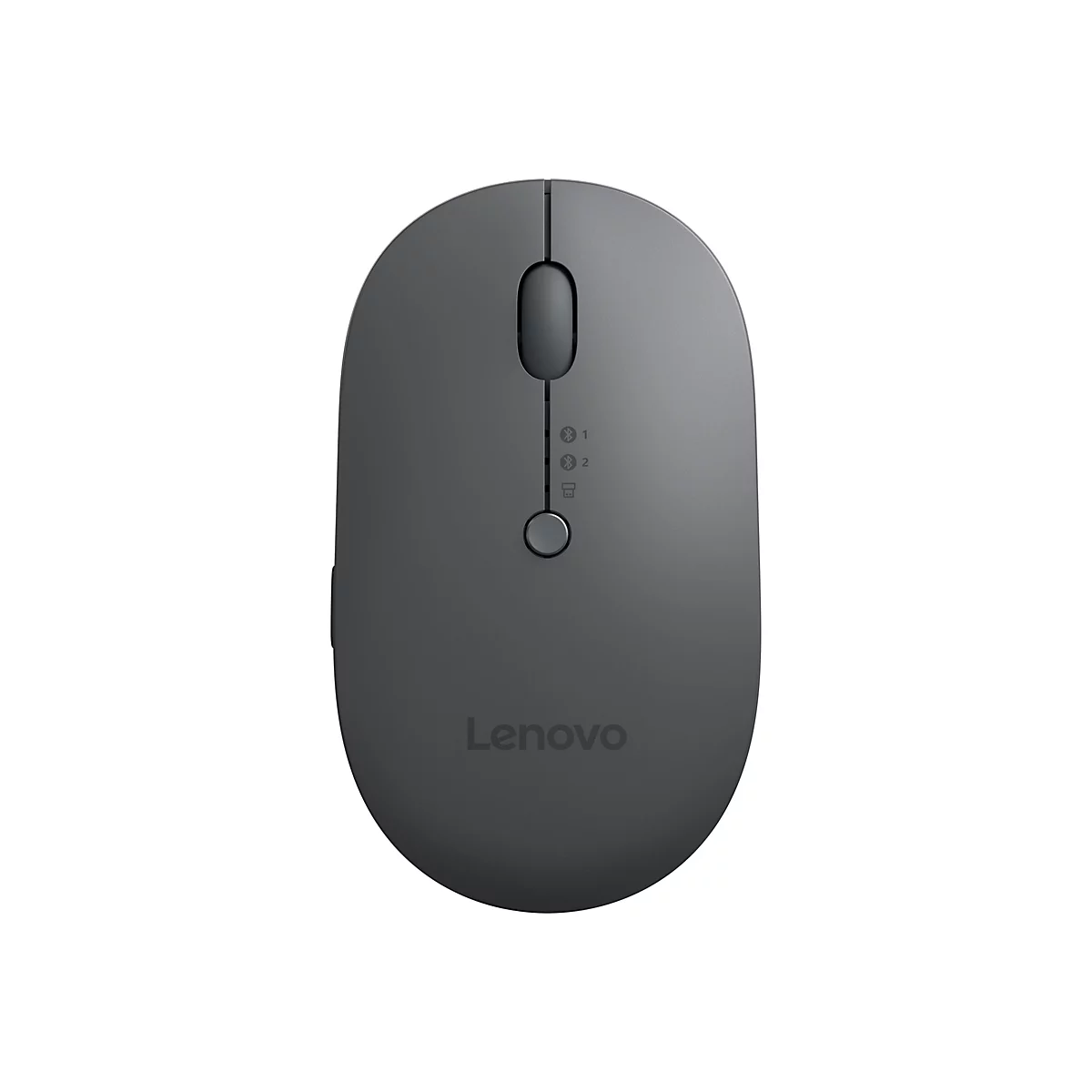 Drahtlose, graue Lenovo-Maus, Draufsicht. Sie hat ein Scrollrad und Tasten, Bluetooth- und Batterieanzeigen sowie das Lenovo-Logo.