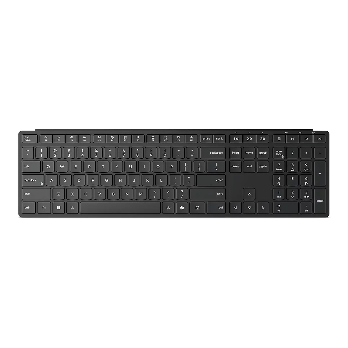 Schwarze kabellose Tastatur mit QWERTY-Layout und Ziffernblock auf weißem Hintergrund.