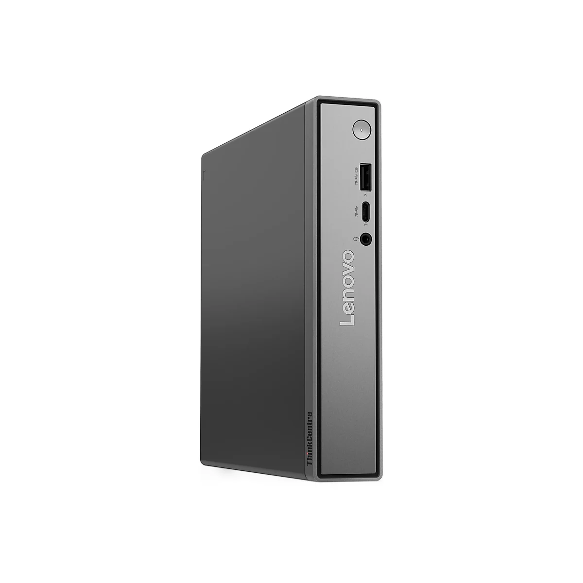 Ein grauer Lenovo ThinkCentre-Computer steht aufrecht, vor weißem Hintergrund. Sichtbar sind Anschlüsse und der Markenname.