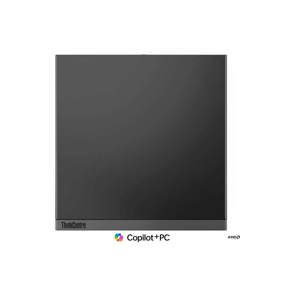 Schwarzer Lenovo ThinkCentre PC. Auf weißem Hintergrund. Logos: ThinkCentre, Copilot+PC und AMD.