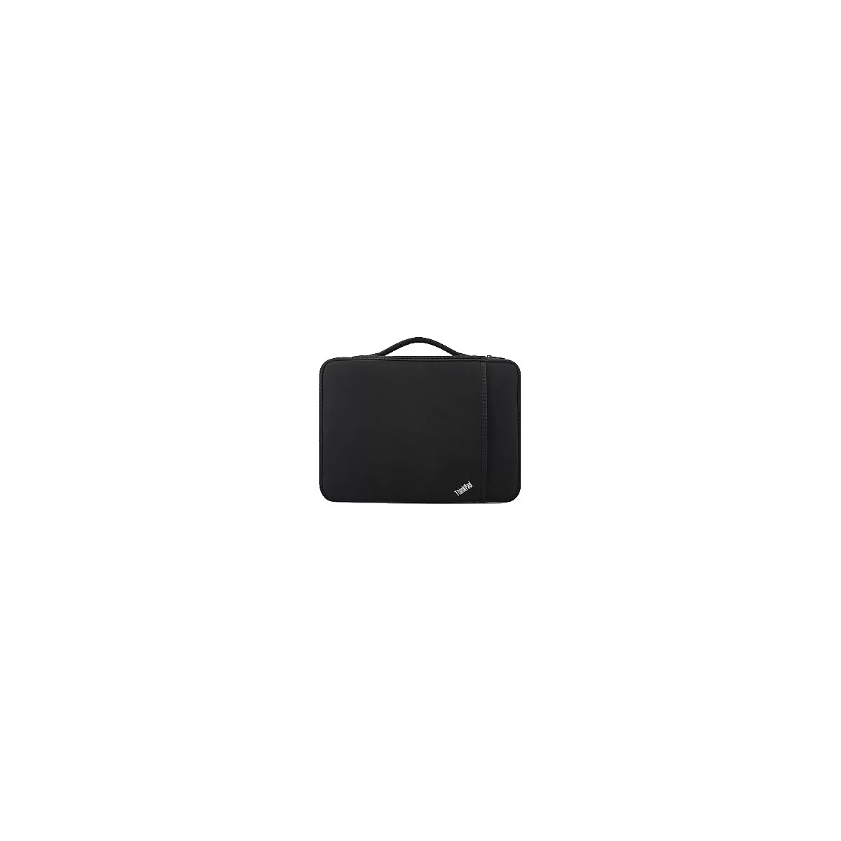 Schwarze Laptop-Tasche mit Tragegriff. Am rechten Rand befindet sich ein Gummiband. Der Schriftzug „ThinkPad“ ist unten rechts zu sehen.