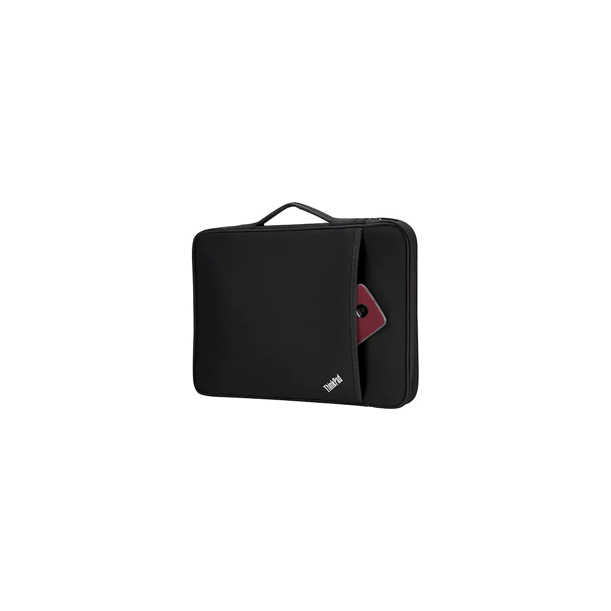 Schwarze Laptop-Tasche mit Tragegriff. Eine rote Smartphone Ecke steckt in einer Seitentasche, ThinkPad-Logo.