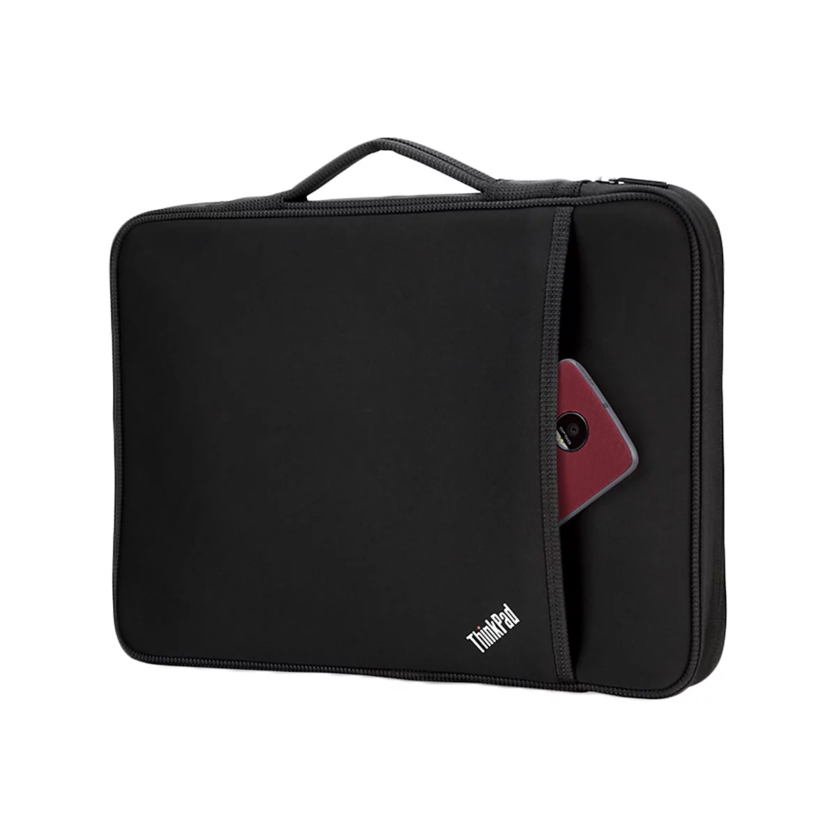 Schwarze Laptoptasche mit Tragegriff. Eine rote Handyhülle steckt in der Außentasche. ThinkPad-Logo.