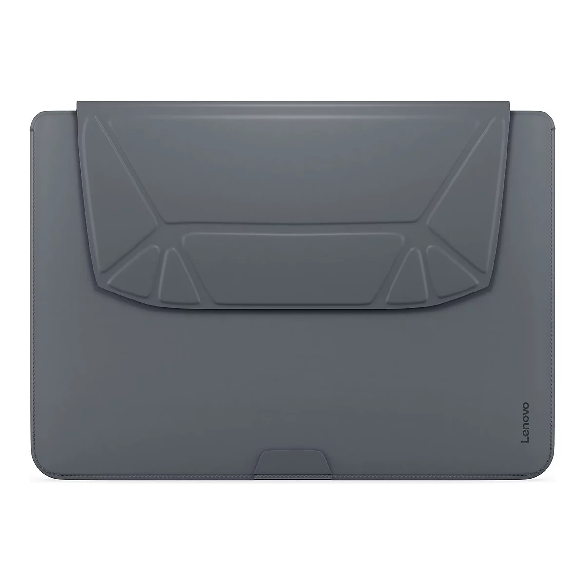 Housse d'ordinateur portable grise avec des coins arrondis, avec un rabat rectangulaire avec des ornements géométriques. Le mot "Lenovo" est visible sur le bord droit.