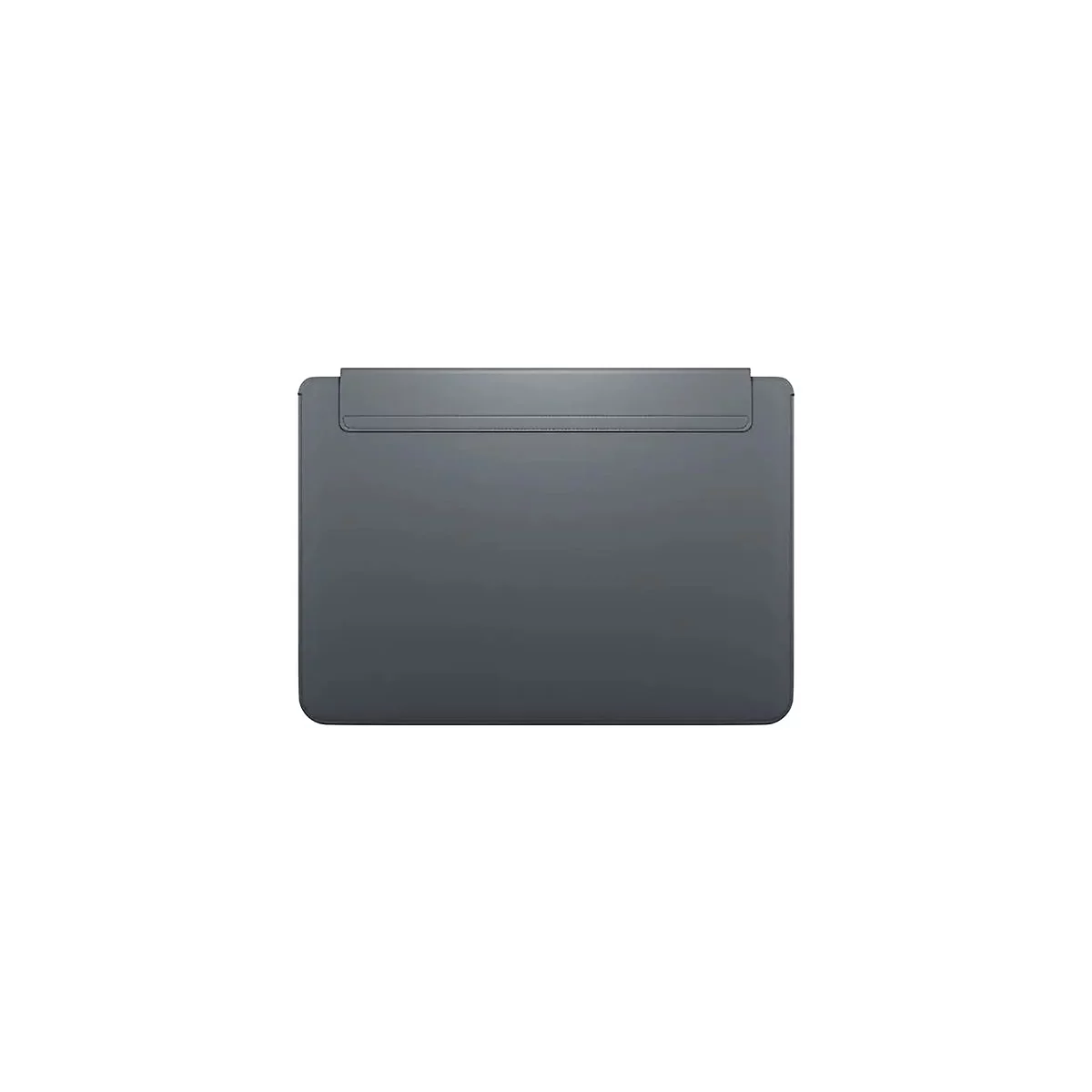 Dunkelgraue Laptoptasche mit Klappe. Oben ist eine breite Klappe, angenäht. Abgerundete Ecken.