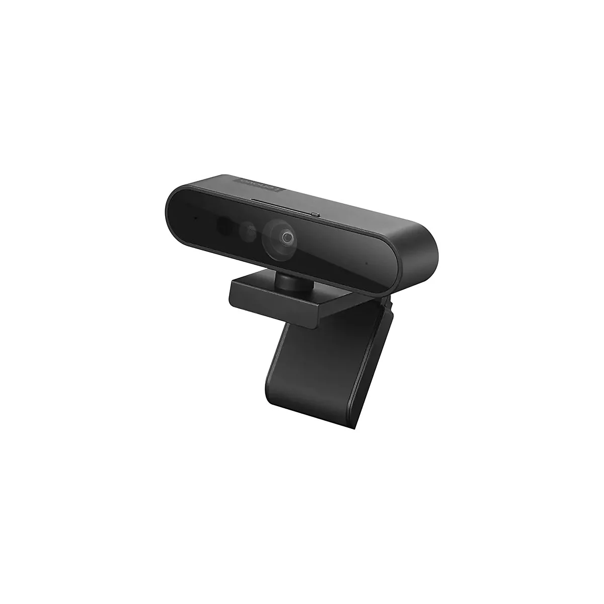 Schwarze Lenovo Webcam. Rundes Objektiv, ein Halterung und eine Basis zur Befestigung.