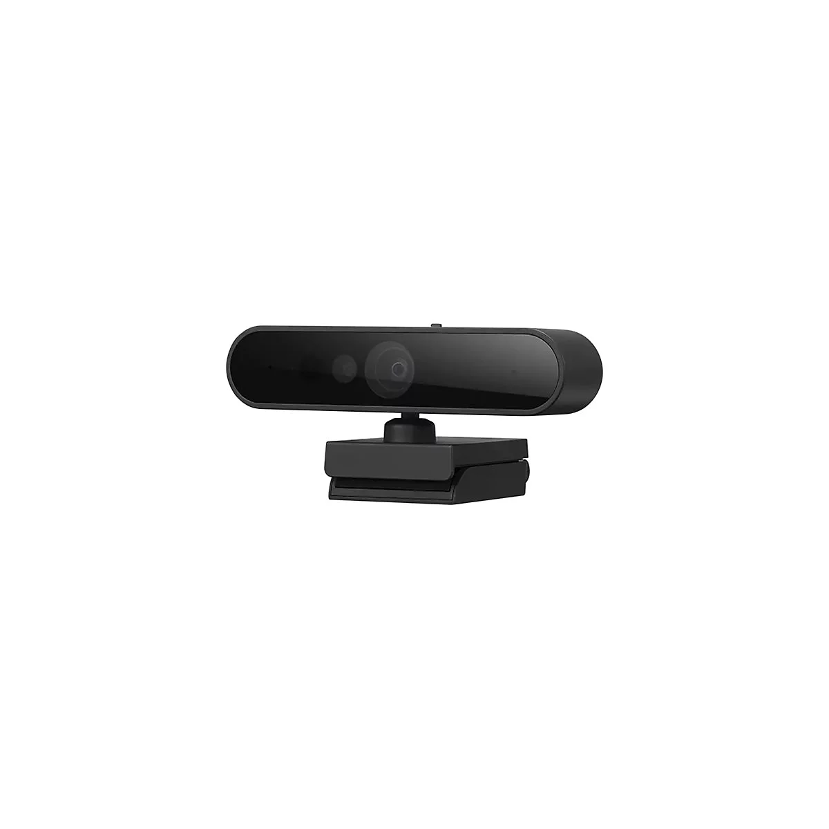 Schwarze Webcam mit Objektiven und Halterung, Frontalansicht.