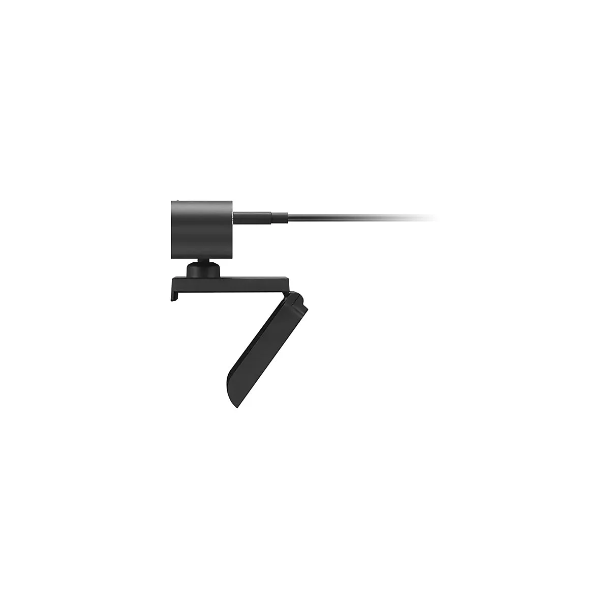 Schwarze Webcam mit rundem Kamerakopf, Kabel und Clip-Halterung.