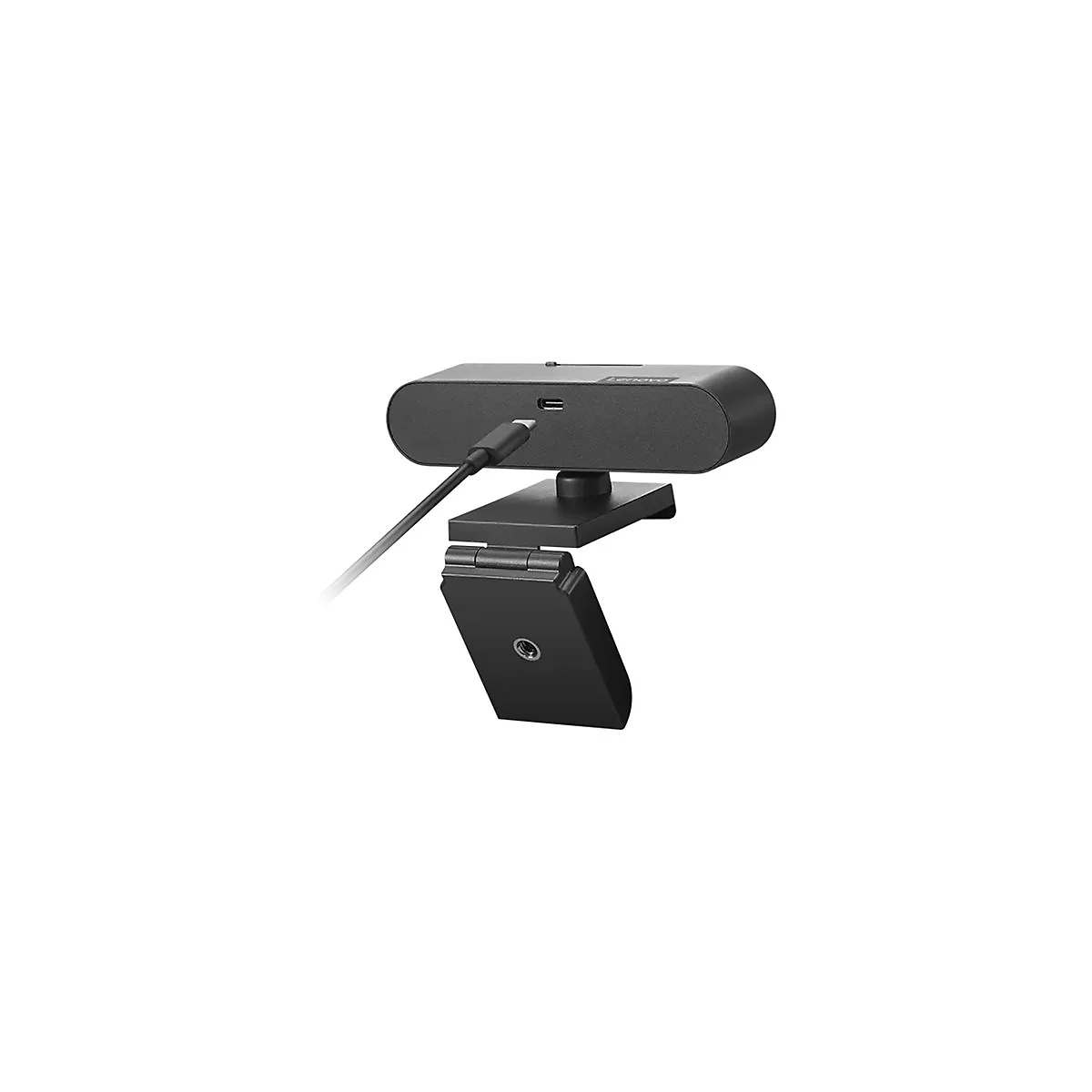 Schwarze Webcam mit USB-C Kabel, Lenovo-Logo, befestigt an einem schwarzen Ständer.