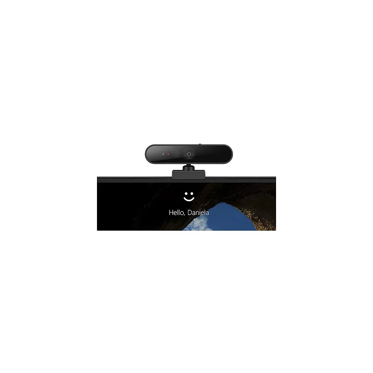 Eine schwarze Webcam auf einem Laptop-Bildschirm mit der Begrüßung: Hallo, Daniela.