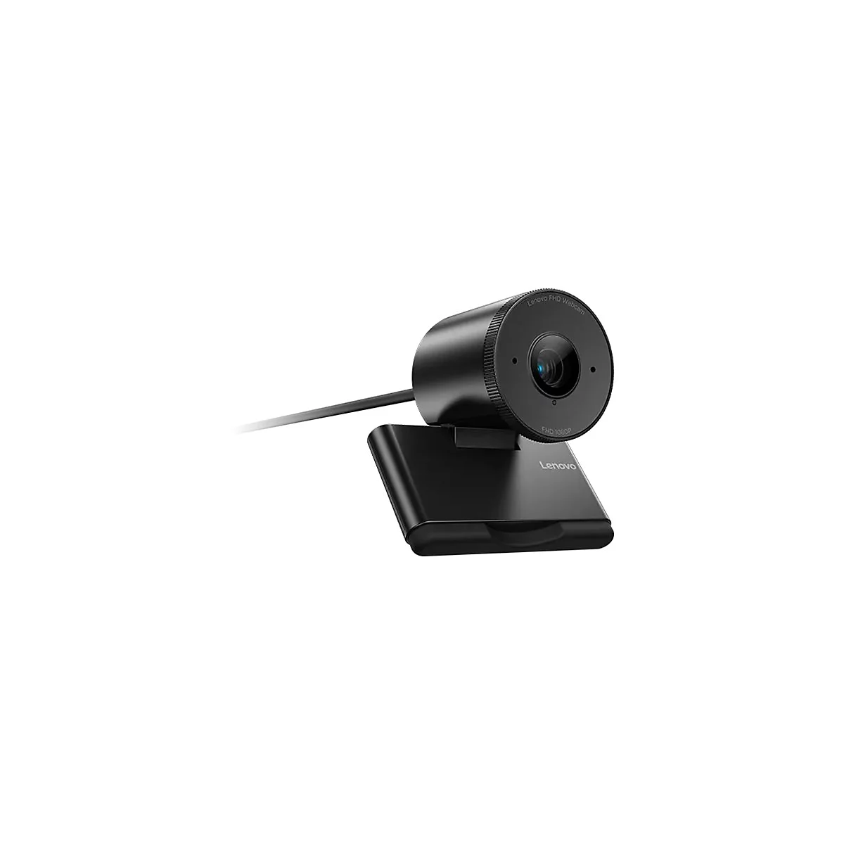 Webcam Lenovo FHD noire. Caméra ronde avec texte : FHD Webcam, FHD 1080P. Fixée sur un support noir.