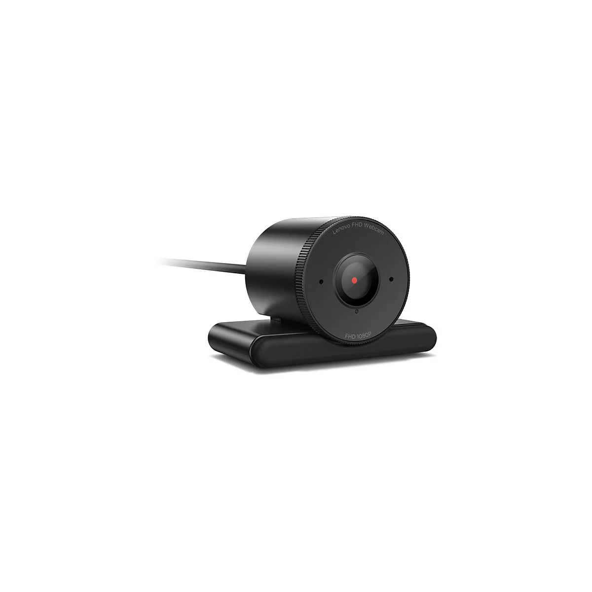 Webcam Lenovo FHD noire avec un objectif rond. L'objectif a un point rouge et les inscriptions Lenovo FHD Webcam et FHD 1080P.