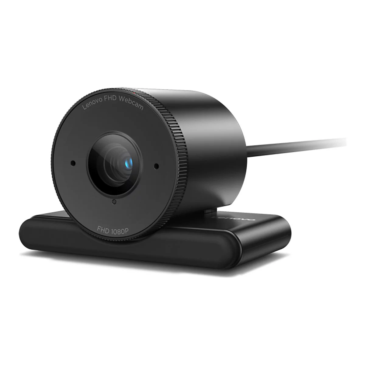 Webcam Lenovo FHD noire. Forme ronde avec lentilles, texte "Lenovo FHD Webcam".