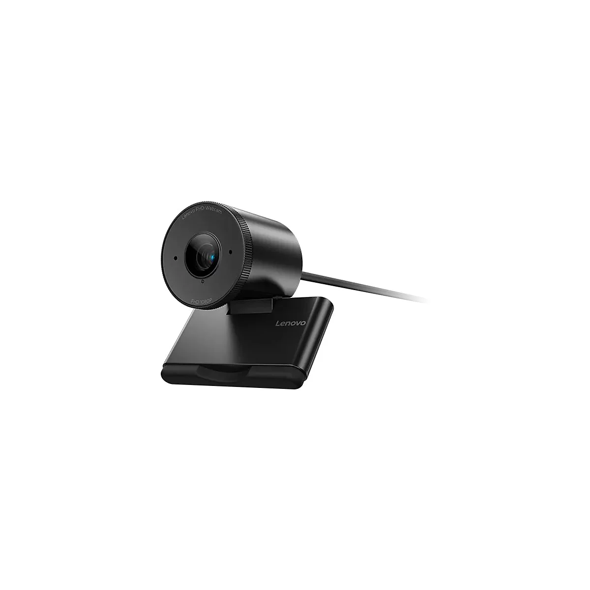 Webcam Lenovo noire, ronde avec objectif, support. Inscriptions : Lenovo FHD Webcam, FHD 1080P.