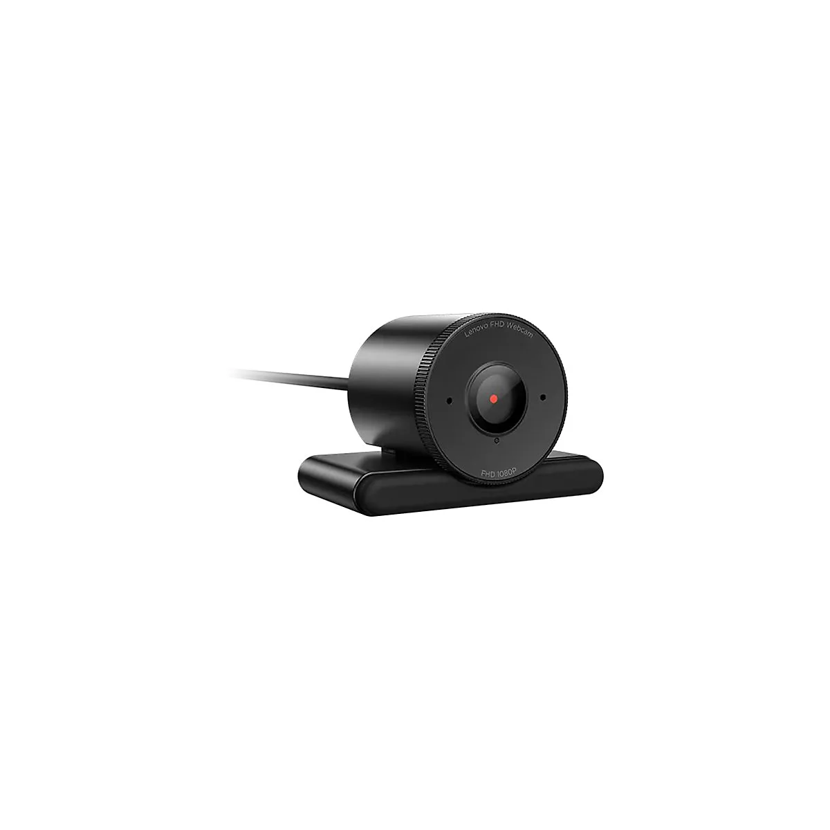 Webcam Lenovo FHD noire. Caméra ronde avec objectif rouge. Inscription : Lenovo FHD Webcam, FHD 1080P.