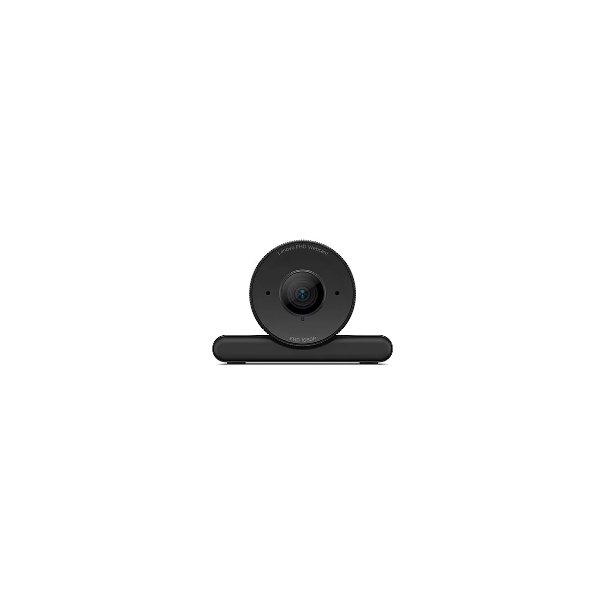 Webcam Lenovo FHD noire avec objectif, lettrage et base. Inscription : FHD 1080P.
