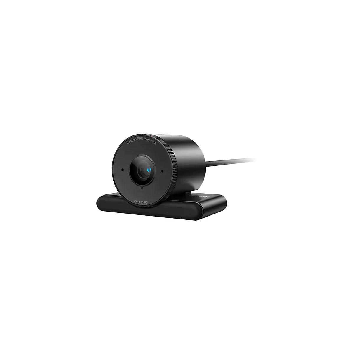 Webcam Lenovo noire avec un objectif rond, un microphone et un câble attachés à une base. Inscriptions : FHD Webcam et FHD 1080P.