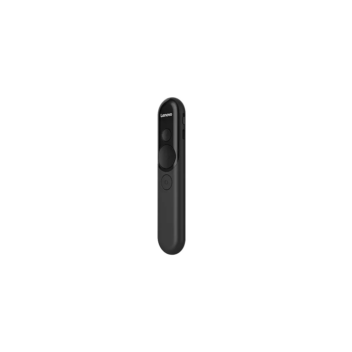 Schwarzer Lenovo Präsentations-Clicker mit Knöpfen und Logo. Die längliche Form ist ergonomisch gestaltet.