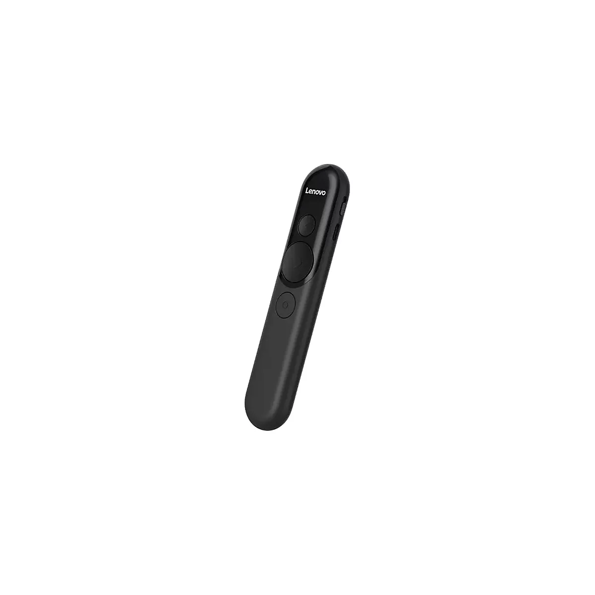 Schwarzer Lenovo Präsentations-Clicker mit drei Knöpfen, gegen weißen Hintergrund.