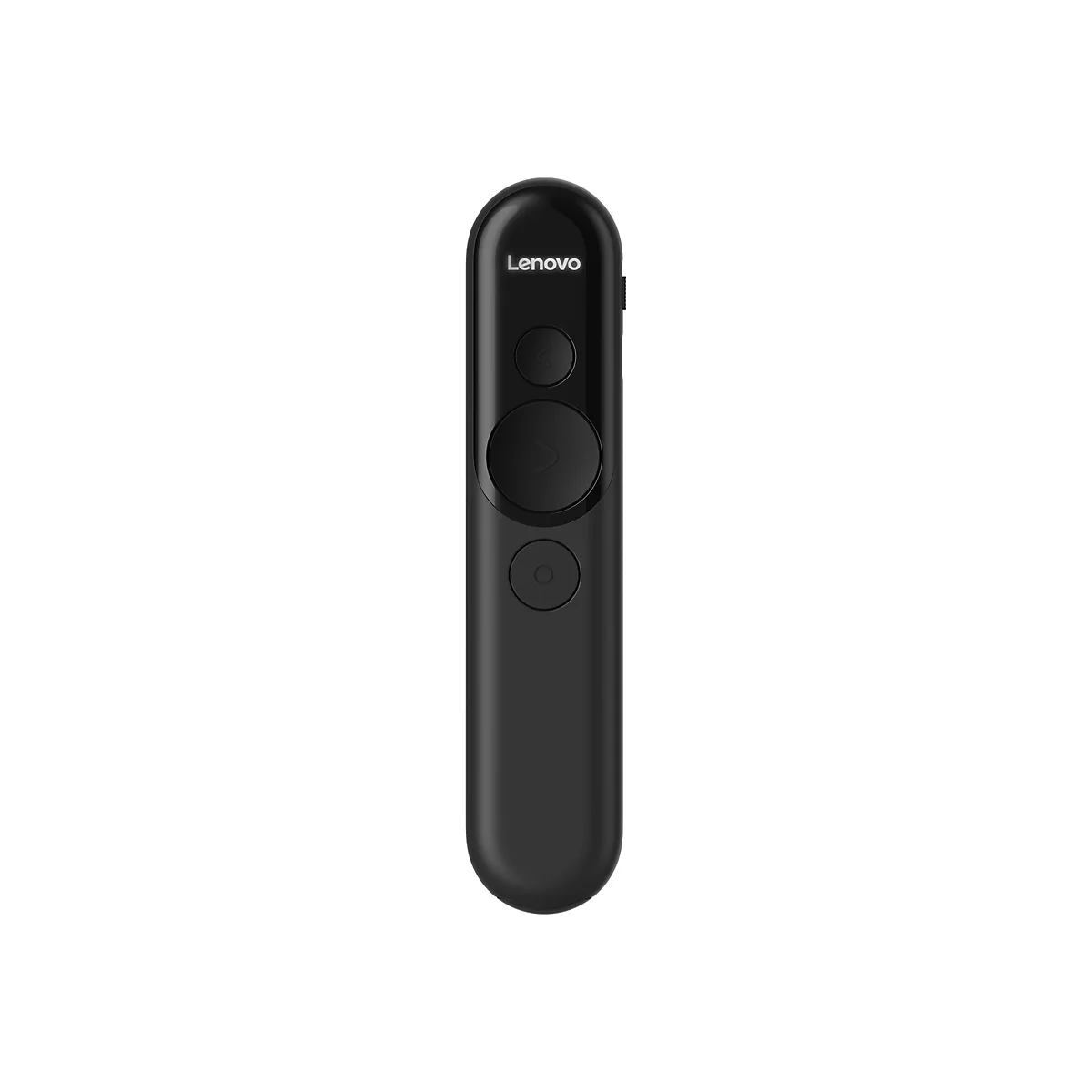Schwarzer Lenovo Präsentations-Clicker. Oben: Lenovo Logo. Unten: Navigationsknöpfe und eine runde Taste.