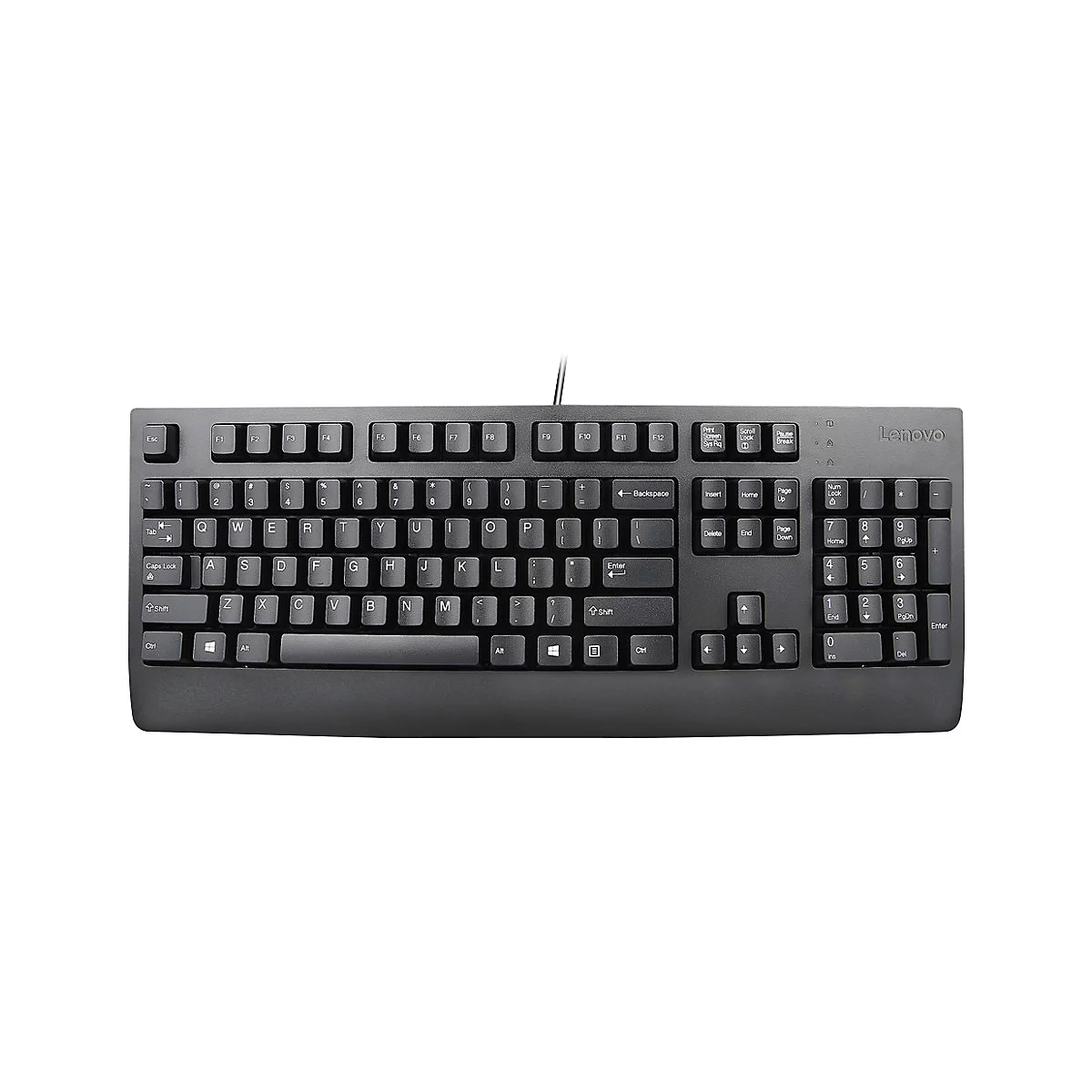Schwarze Lenovo Tastatur mit Kabel vor weißem Hintergrund.