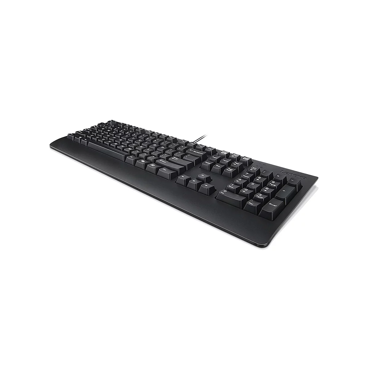 Schwarze, kabelgebundene Lenovo-Tastatur mit Ziffernblock auf weißem Hintergrund.
