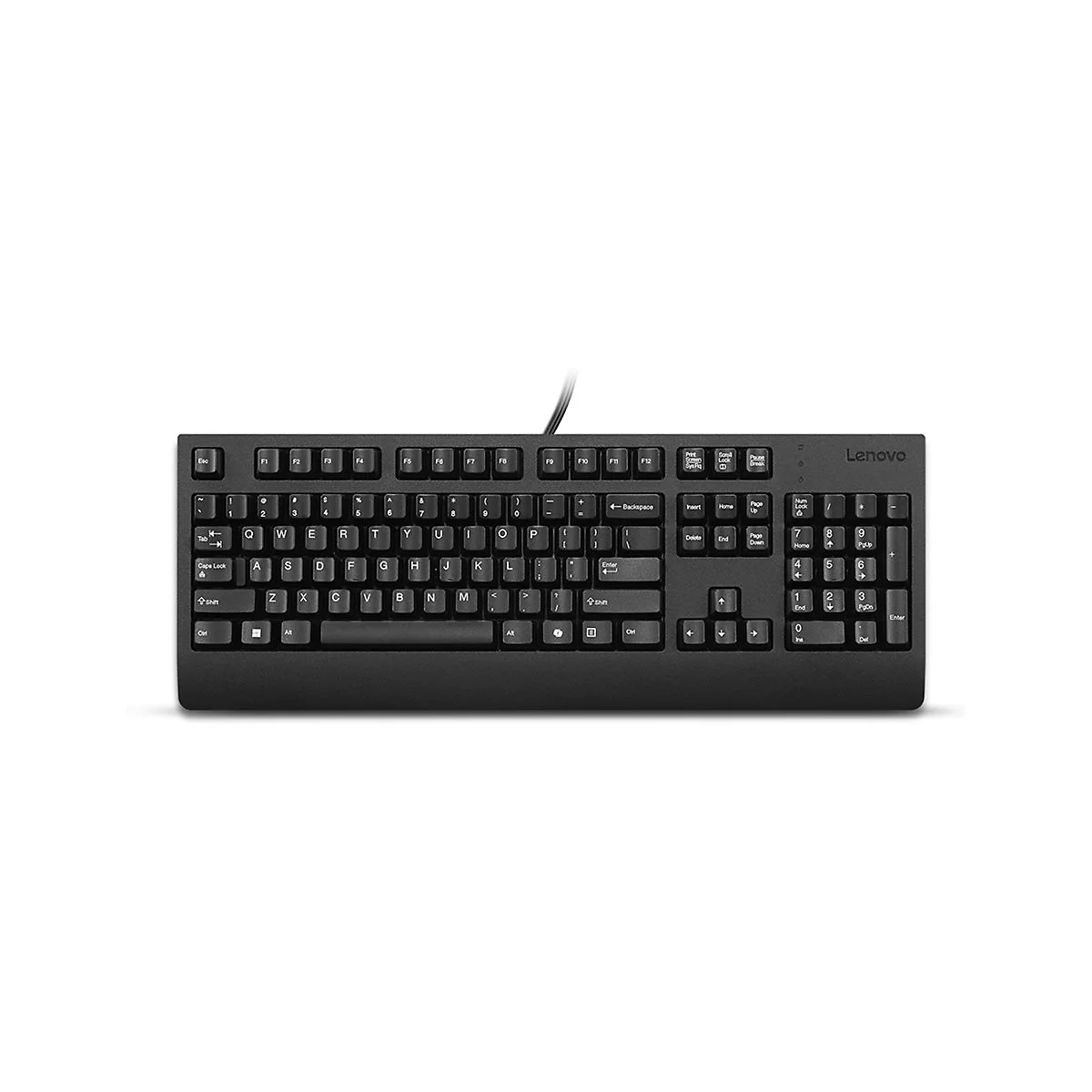 Schwarze kabelgebundene Lenovo-Tastatur in Vollgröße mit QWERTY-Layout vor weißem Hintergrund.