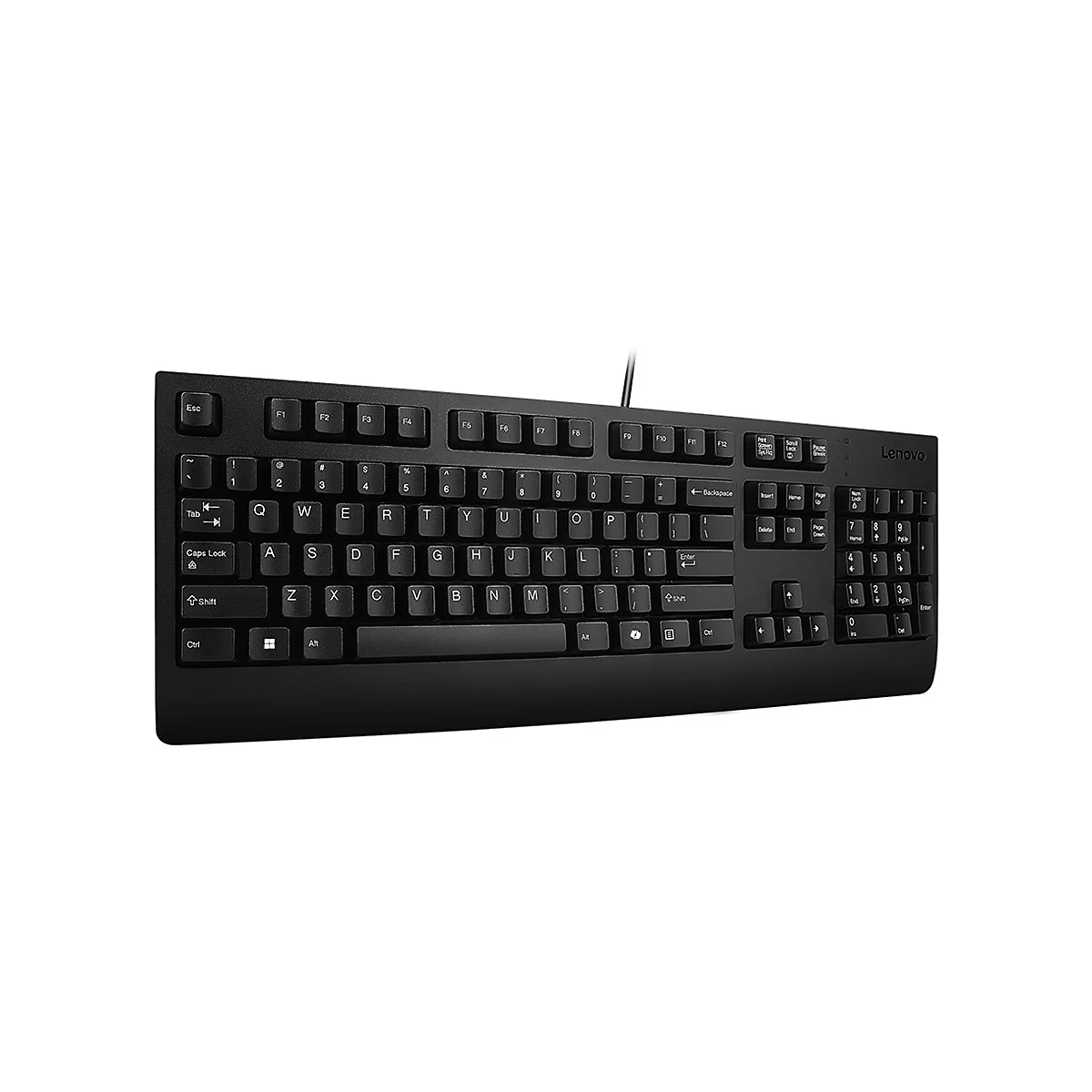 Schwarze kabelgebundene Lenovo Tastatur mit QWERTZ-Layout und Nummernblock vor weißem Hintergrund.