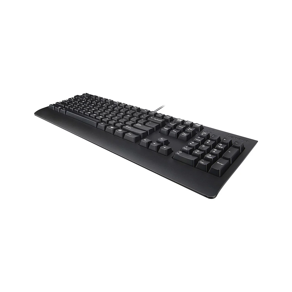 Schwarze Lenovo Tastatur mit Kabelanschluss. Die Buchstaben und Ziffern sind hellgrau. Das Lenovo Logo ist rechts oben zu sehen.