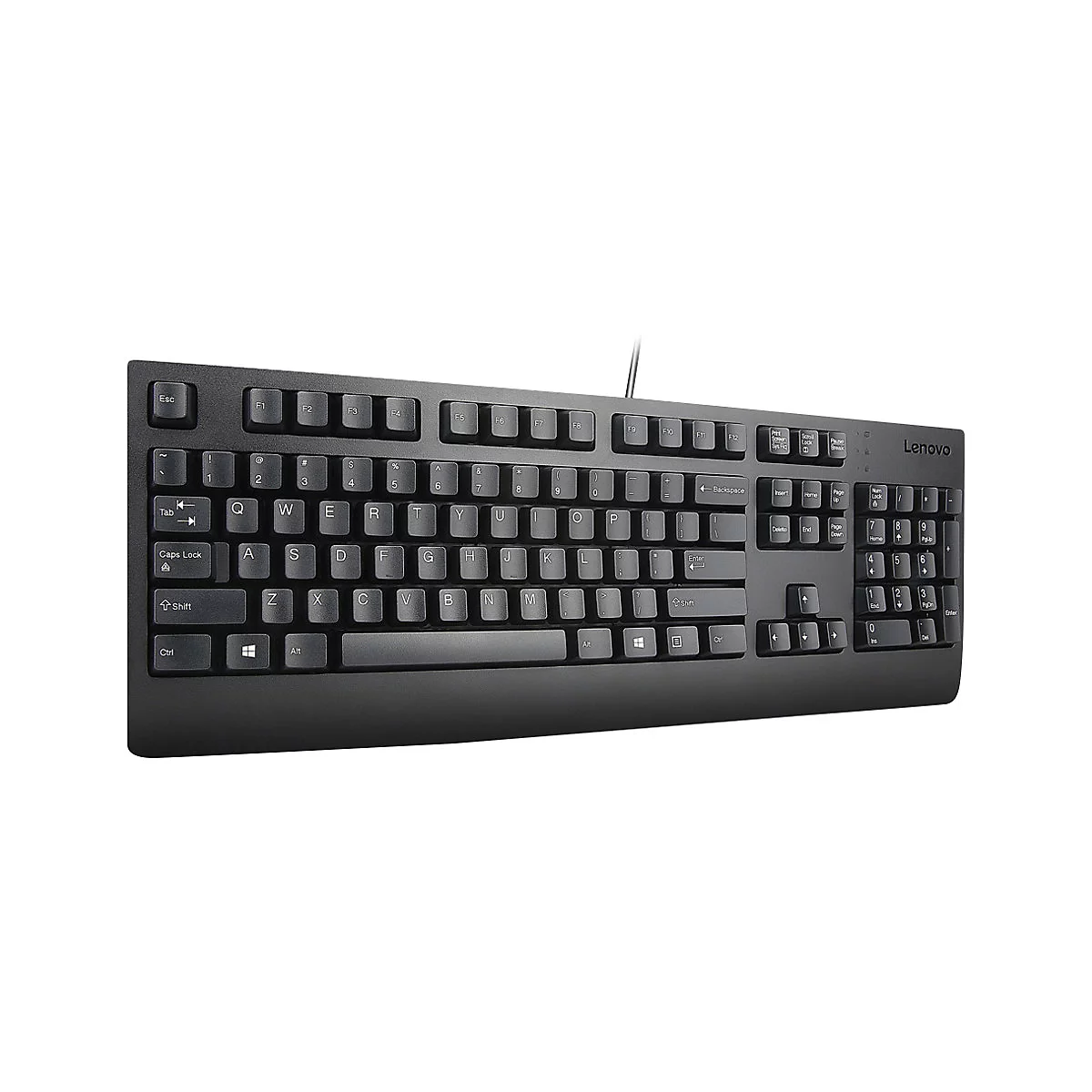Schwarze Lenovo-Tastatur, von oben fotografiert. Alle Buchstaben und Zahlen sind sichtbar.