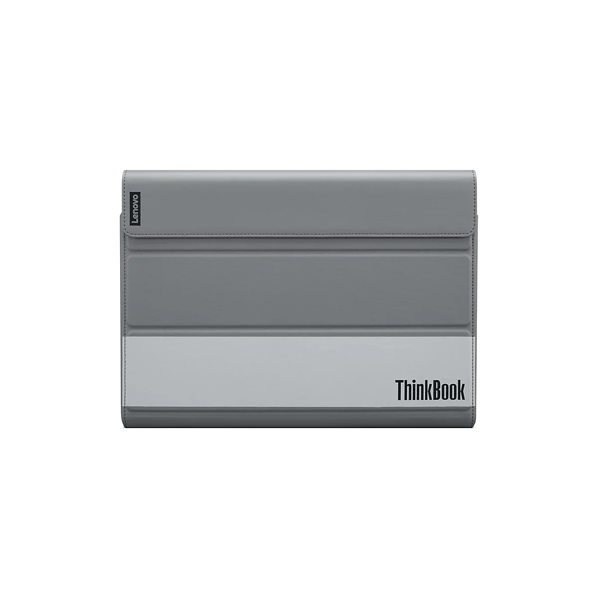 Graue Lenovo ThinkBook Tablet-Hülle. Logo oben links, ThinkBook-Schriftzug unten rechts.