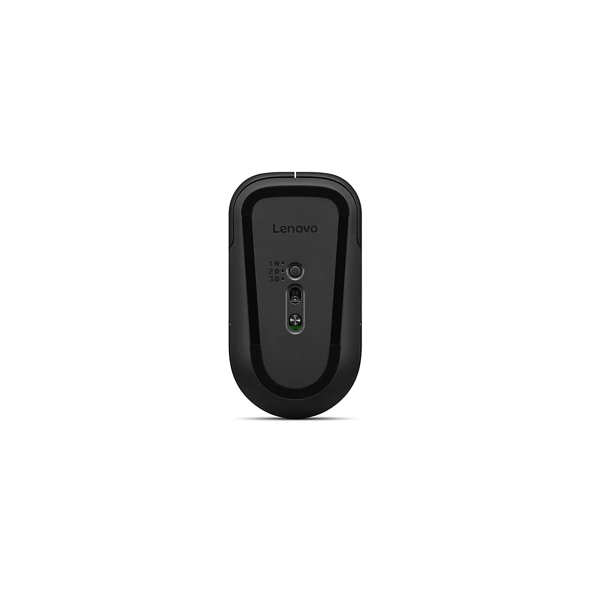 Schwarze Lenovo Maus von oben gesehen, mit Logo und DPI-Anzeige. Auf weißem Hintergrund.