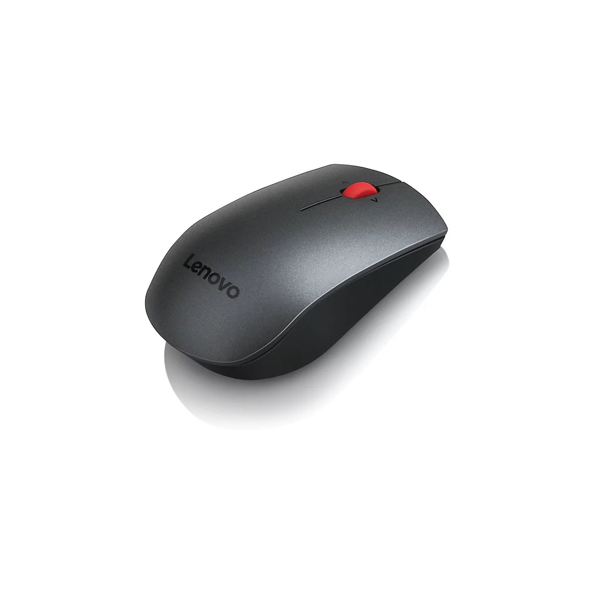 Drahtlose Lenovo-Maus, dunkelgrau mit rotem Scrollrad, liegt auf weißem Hintergrund.