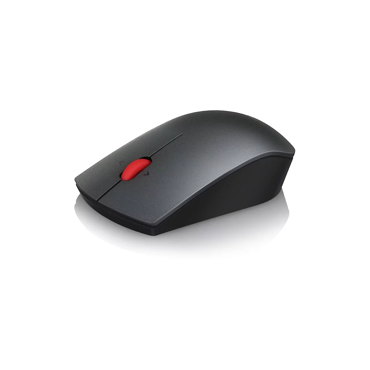 Drahtlose Computermaus in Grau mit rotem Scrollrad, auf weißem Hintergrund.