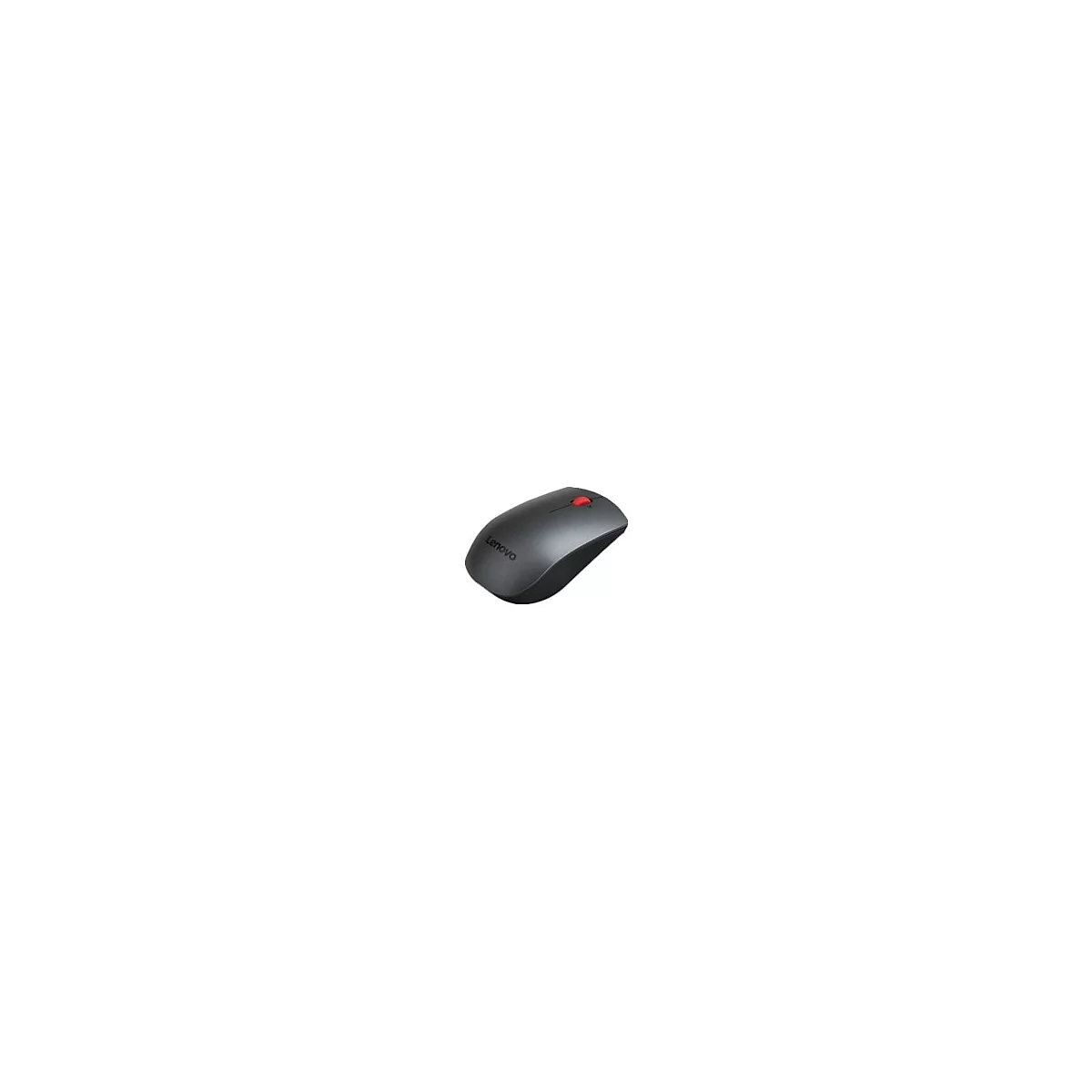 Dunkelgraue Lenovo-Funkmaus mit rotem Scrollrad vor weißem Hintergrund.